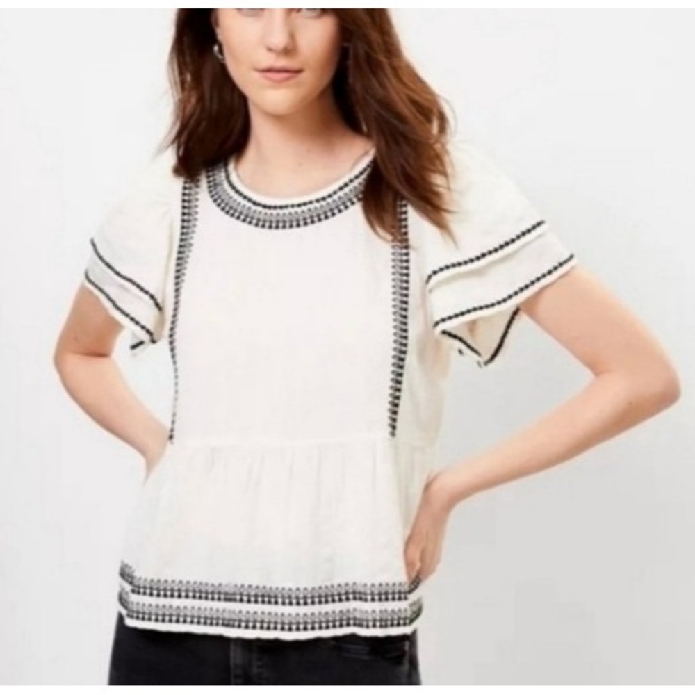 Loft Women's White Cotton Blend Embroidered Flutter Sleeve Peplum Top Shirt M
